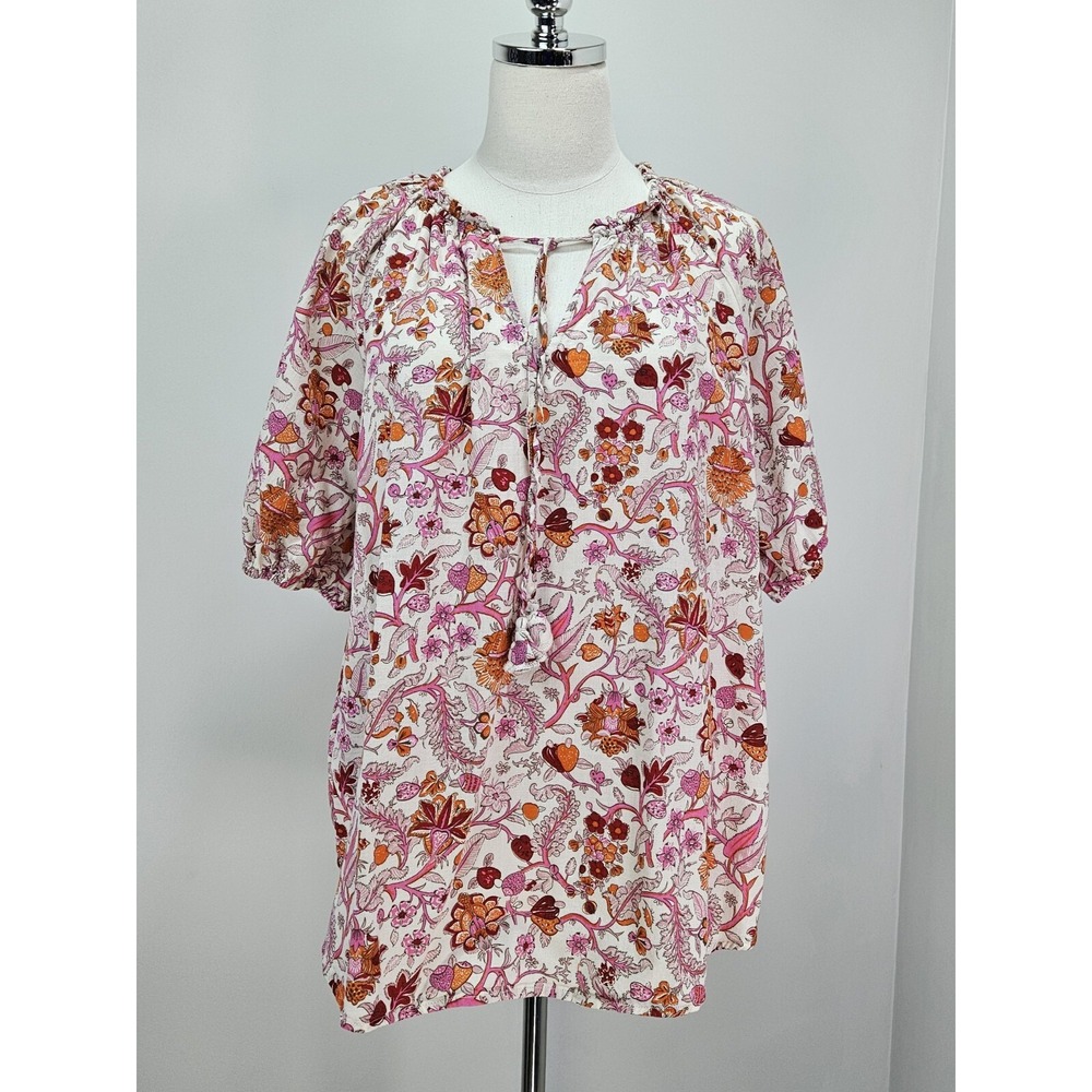 Knox Rose Womens XL Pink Orange Floral Paisley Boho Tassel Tie Cotton Blouse
